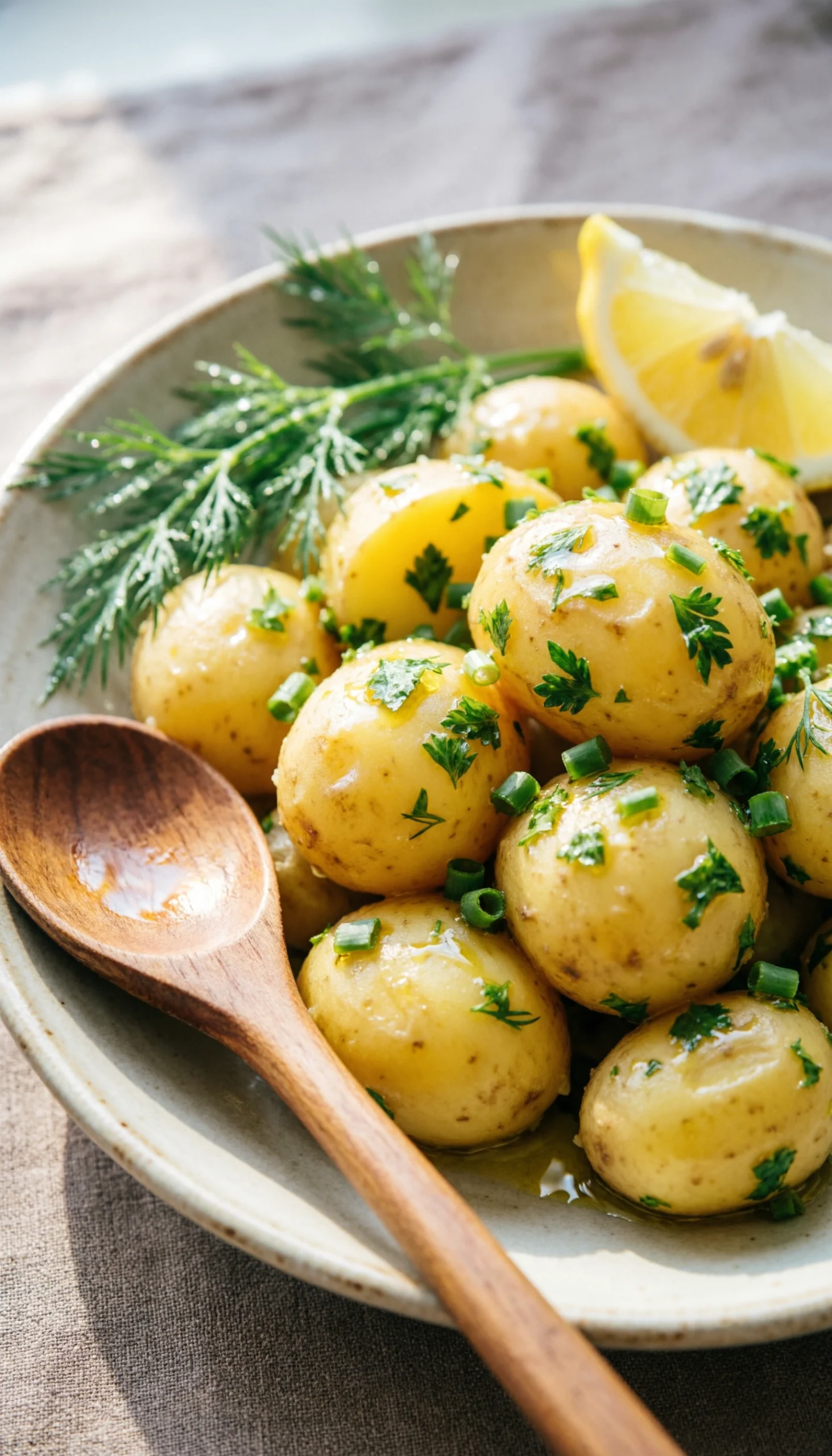 Zesty no-mayo Yukon gold potato salad with fresh green herbs and vinaigrette in a rustic ceramic bowl.