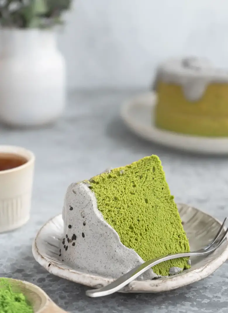 Matcha Chiffon Cake With Black Sesame Cream