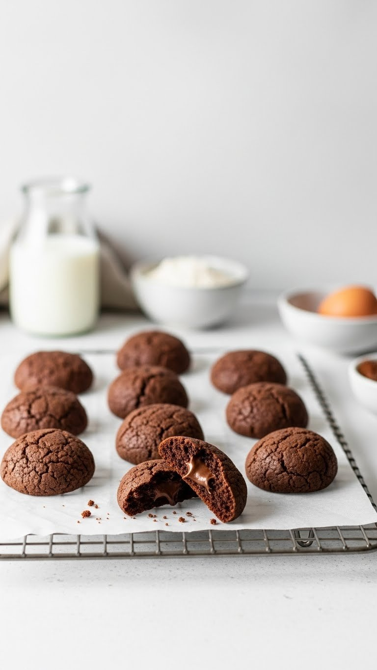 3-Ingredient Nutella Cookies, Soft Gooey Center, On A Cooling Rack With Milk. Simple Homemade Dessert.