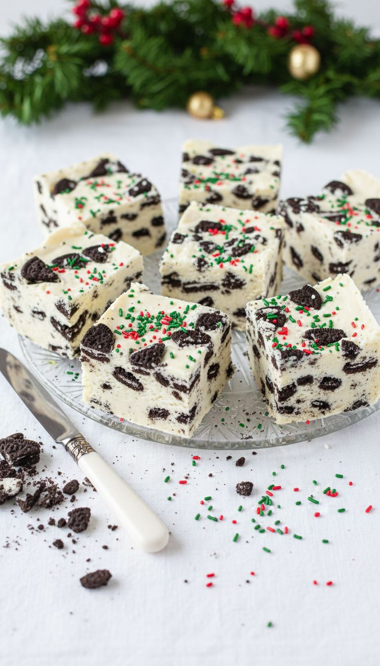 3-Ingredient Oreo Fudge: Thick White Squares With Crushed Dark Oreos, Festive Red &Amp; Green Sprinkles. On A White Linen Tablecloth.