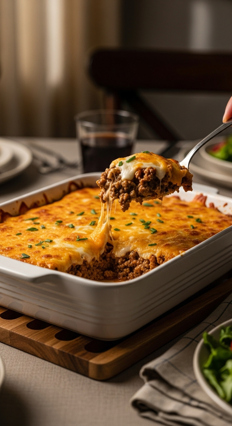 30-Minute Cheesy Keto Ground Beef Casserole With Melted Cheddar Crust And Creamy Interior On Wooden Trivet With Side Salad High-End Magazine Cover Style