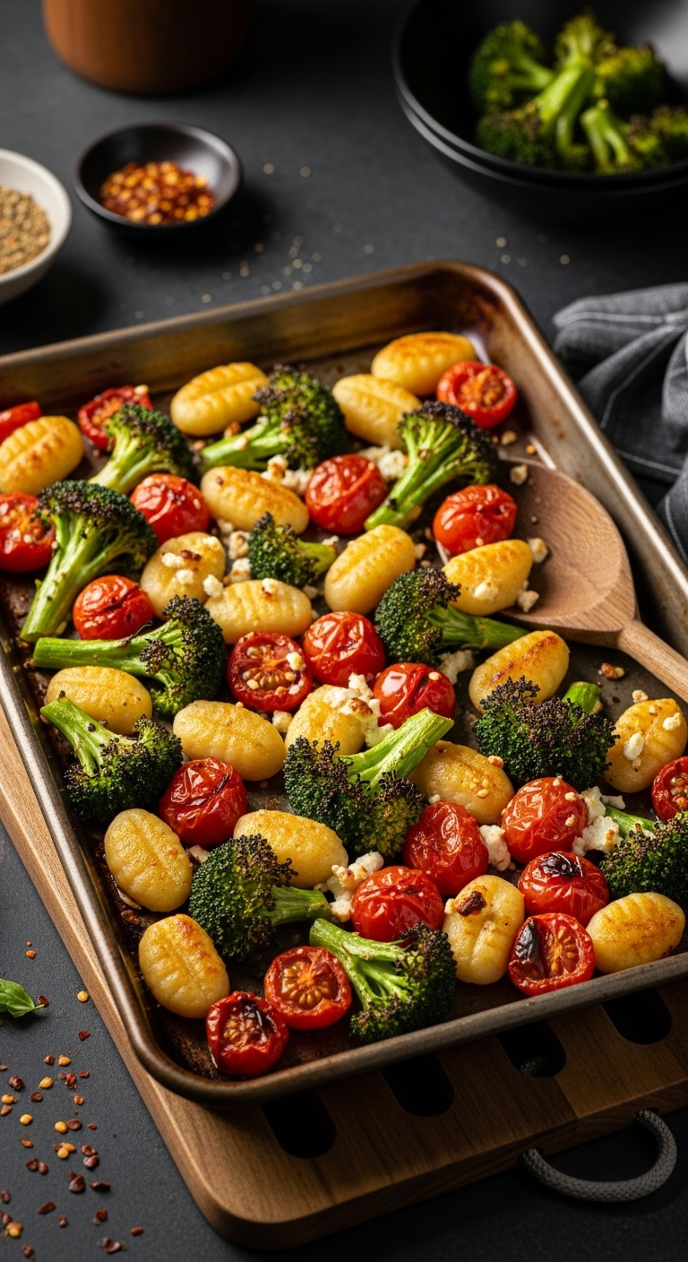 30 Minute Sheet Pan Gnocchi And Veggies With Cherry Tomatoes Broccoli And Feta Sauce On A Rustic Metal Pan With A Wooden Spoon