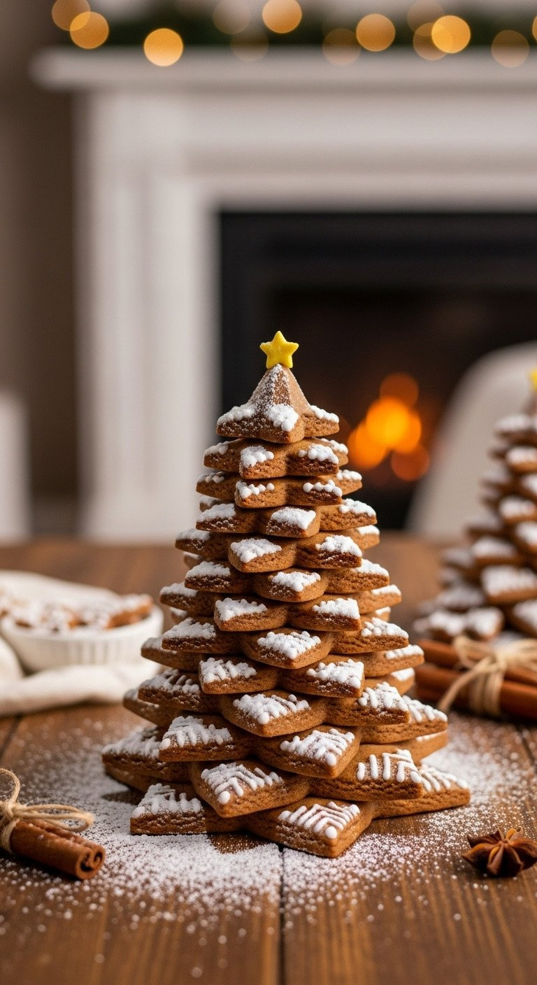 3D Stacked Gingerbread Christmas Tree Cookies With White Royal Icing Snow And A Yellow Star On Rustic Wooden Table.