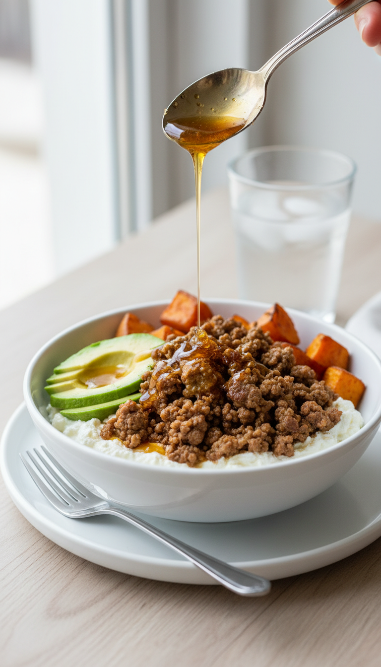 45° View Of A Ground Beef Hot Honey Bowl Layered With Cheese, Beef, Sweet Potato, Avocado, And A Honey Drizzle, With A Fork.