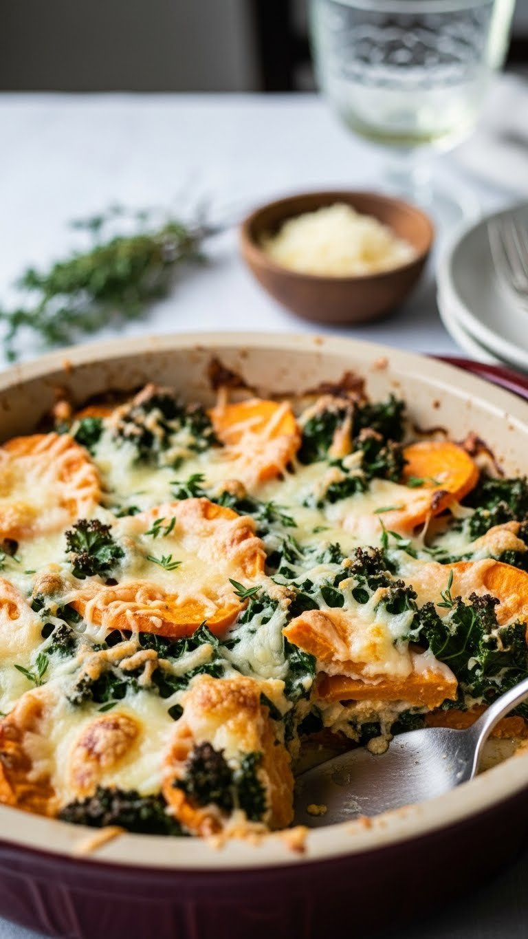 45-Degree Angle Close-Up Of Creamy Sweet Potato Kale Gratin With Golden Cheese Crust