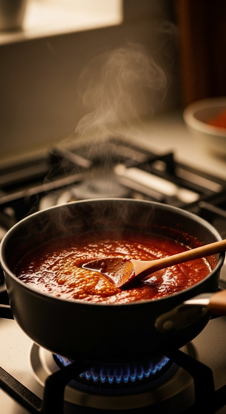 45-Degree Angle Close-Up Of Glossy Red Yangnyeom Sauce Simmering In A Small Saucepan.