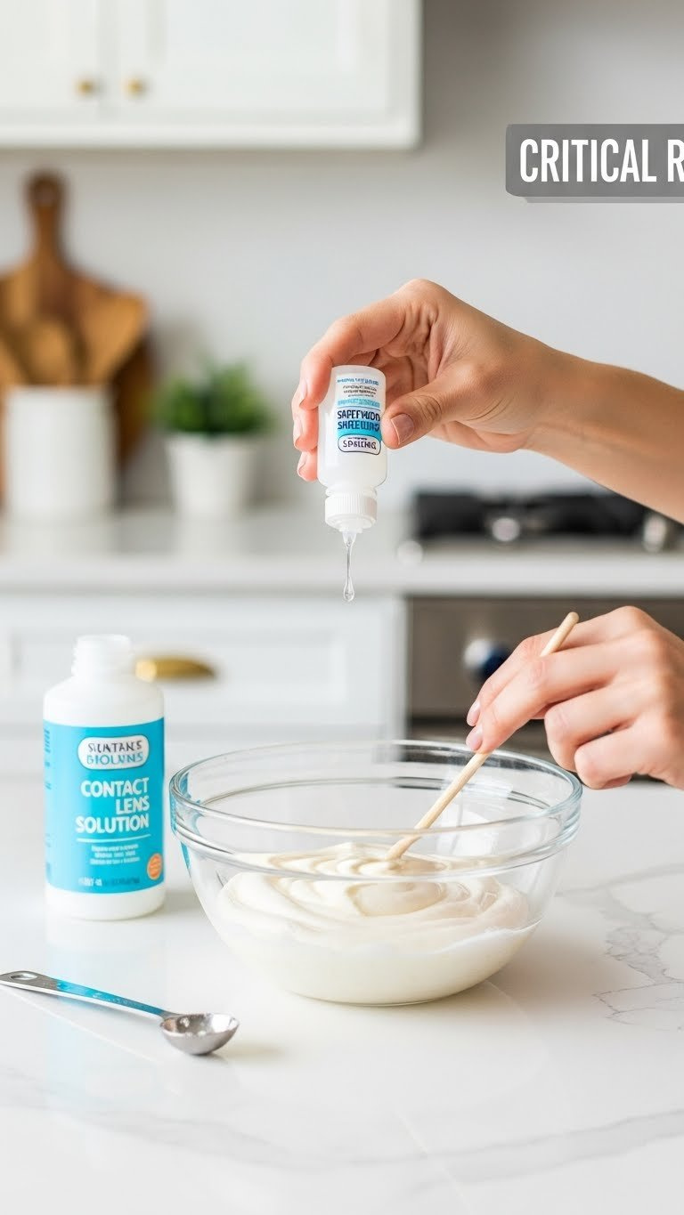 45-Degree Angle Close-Up Of Hand Adding Contact Lens Solution To Baking Soda Slime Mixture On White Countertop