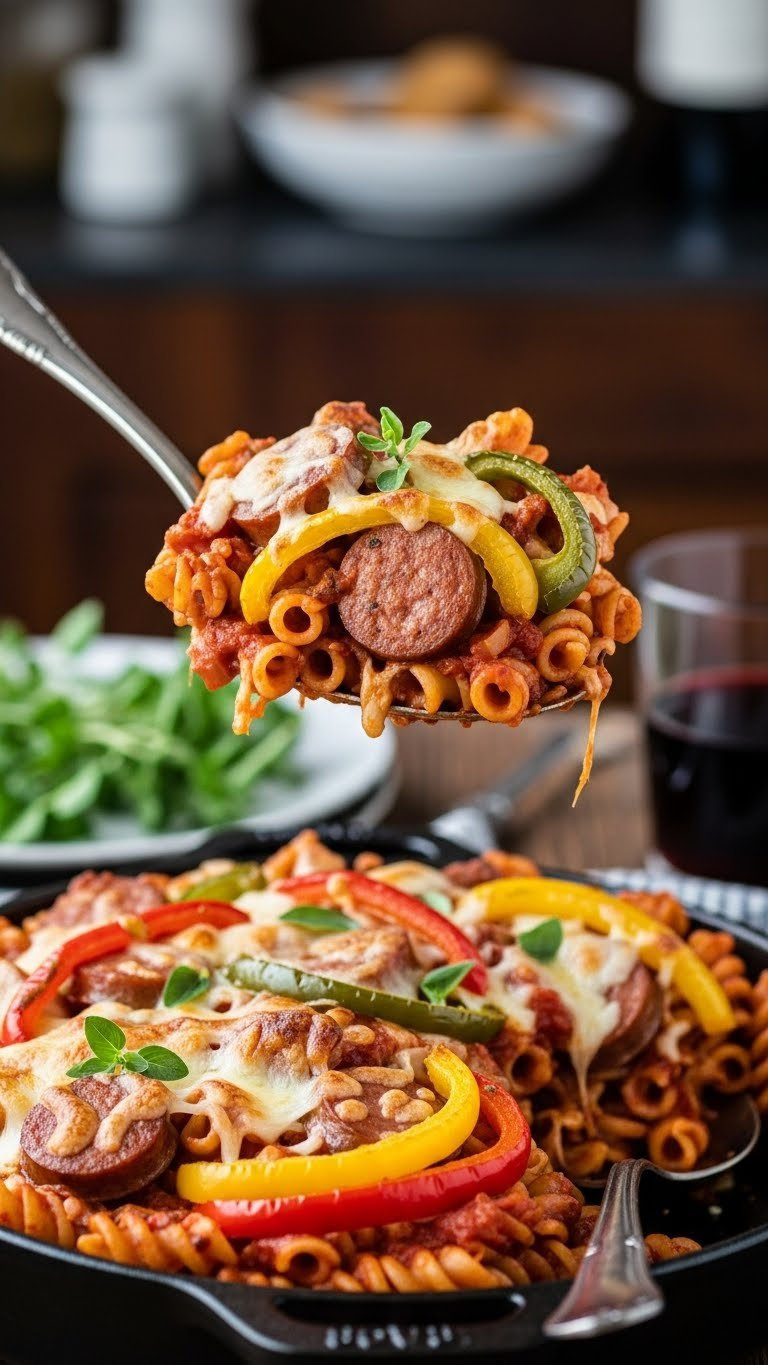 45-Degree Angle Close-Up Of Sausage And Peppers Pasta Bake With Italian Sausage Slices And Colorful Bell Peppers In Cast Iron.