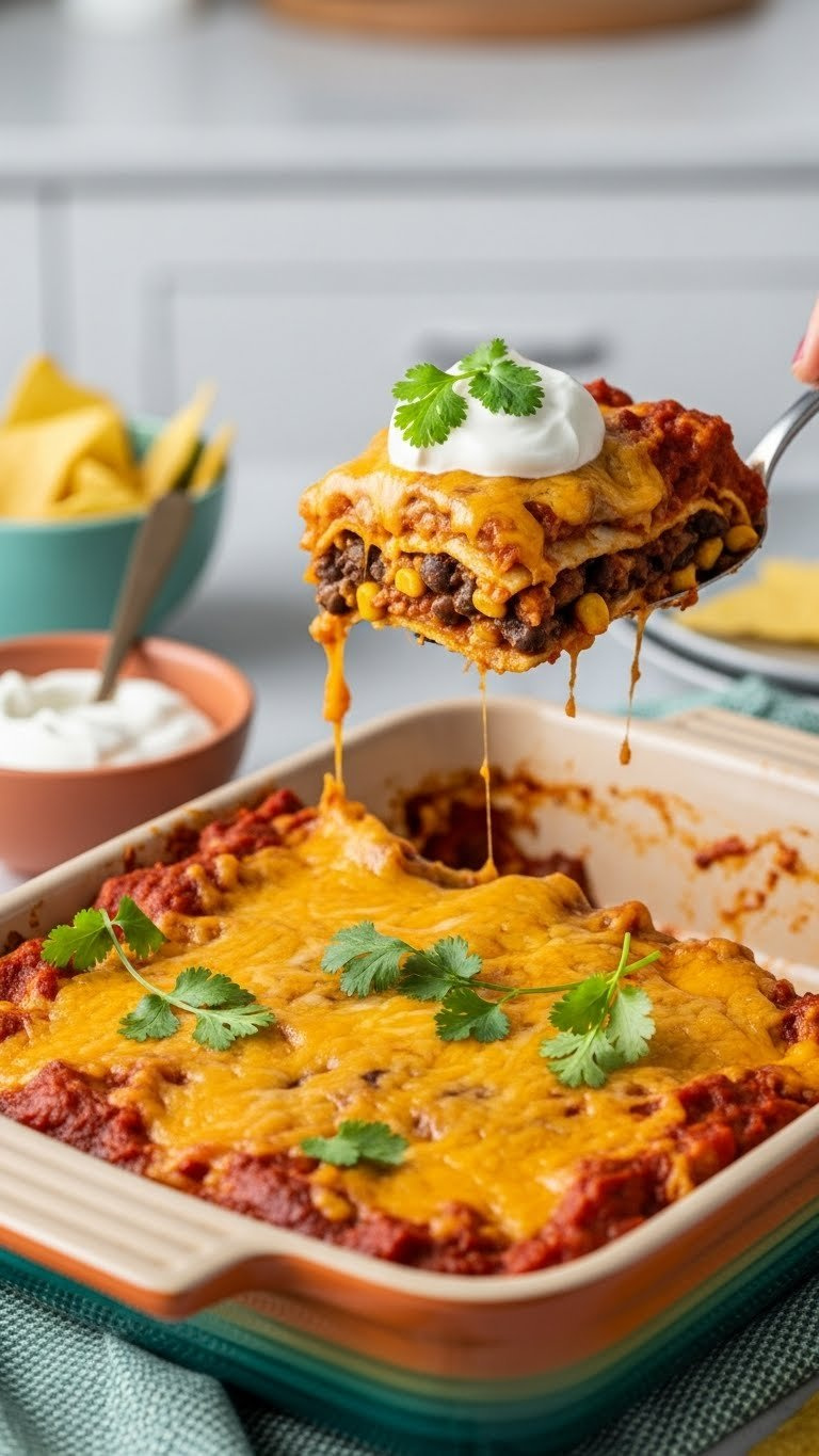 45-Degree Angle Close-Up Of Speedy Black Bean Corn Enchilada Casserole With Melted Cheese