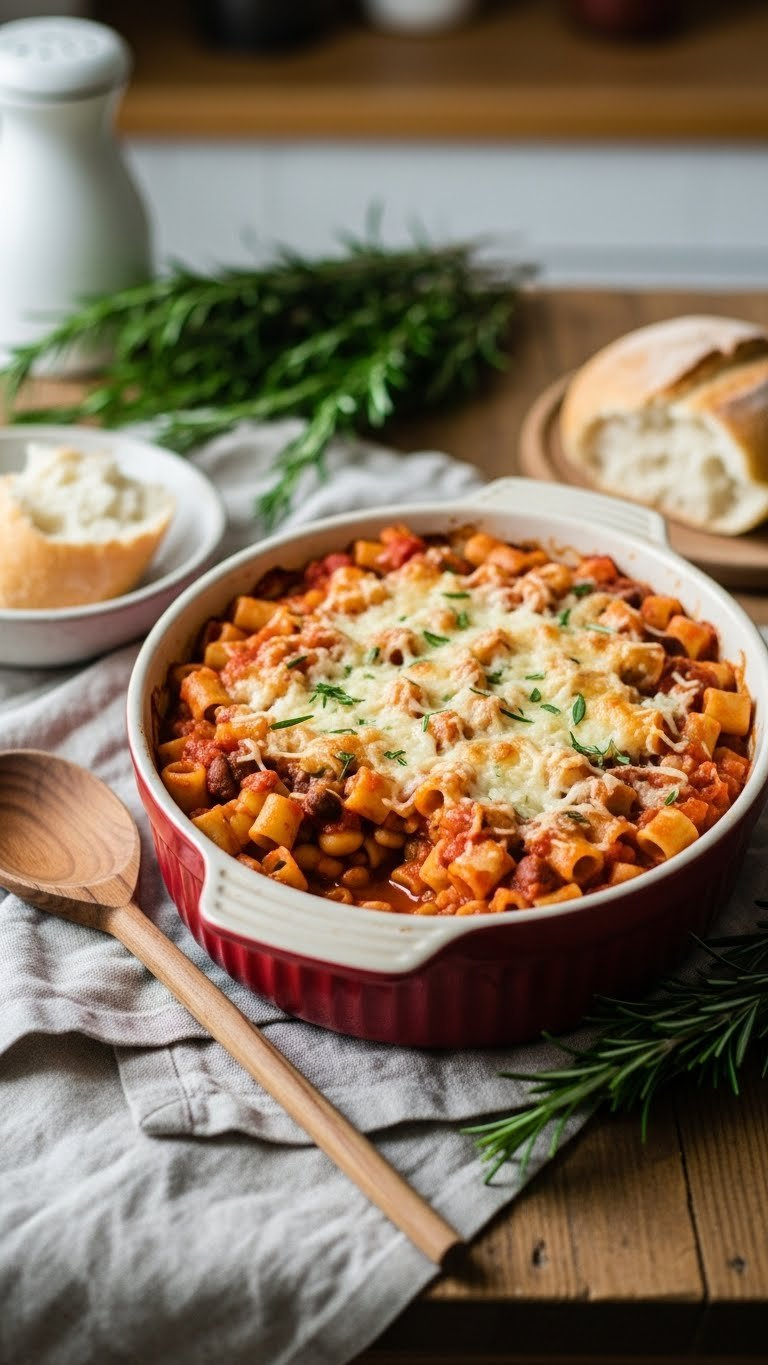 45-Degree Angle Of Rustic Pasta E Fagioli Casserole With Ditalini Pasta, Cannellini Beans In Tomato Broth With Parmesan Crust.