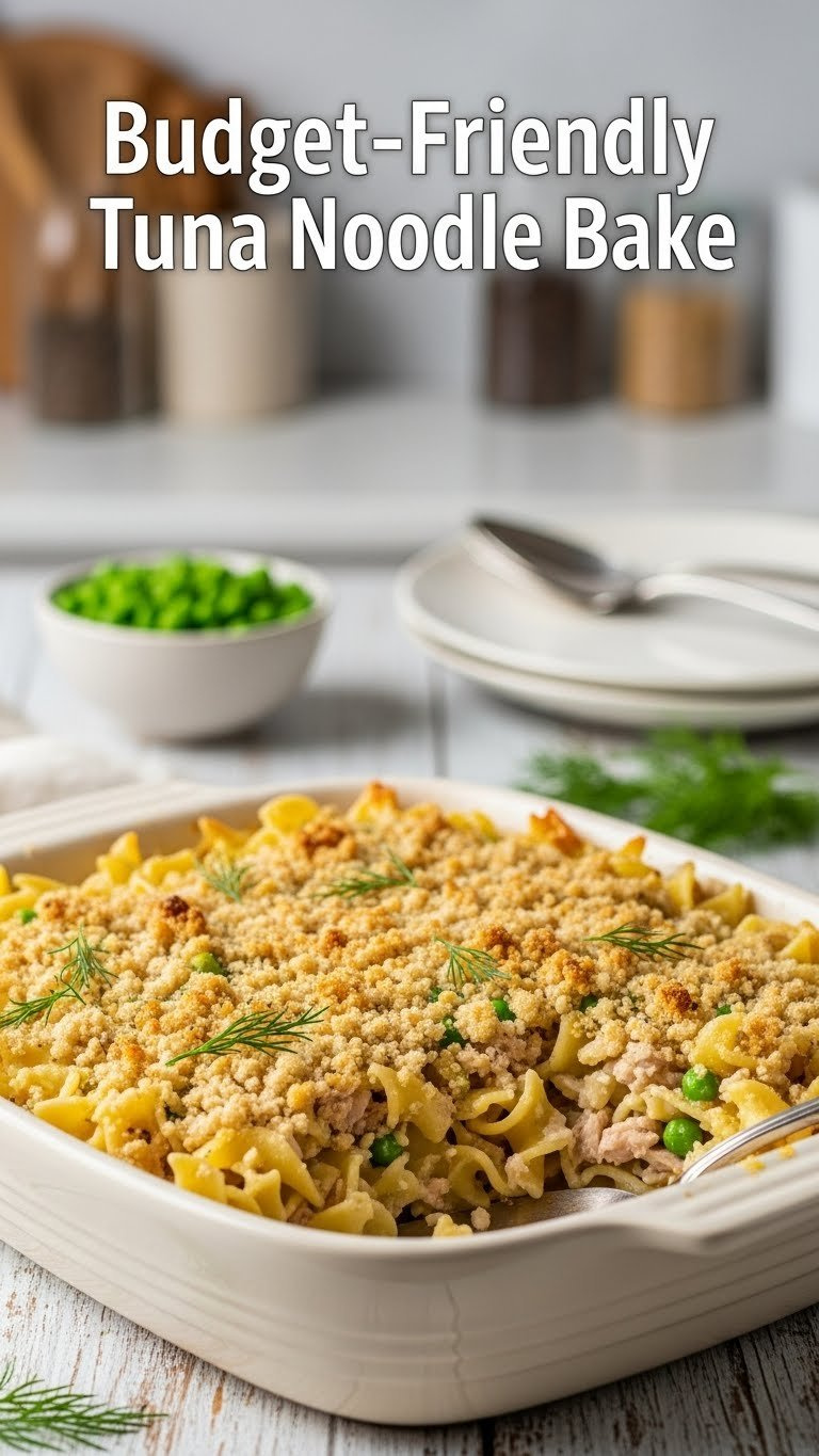 45-Degree Angle Shot Of Budget-Friendly Tuna Noodle Bake With Creamy Sauce And Golden Breadcrumb Topping In Vintage Dish.