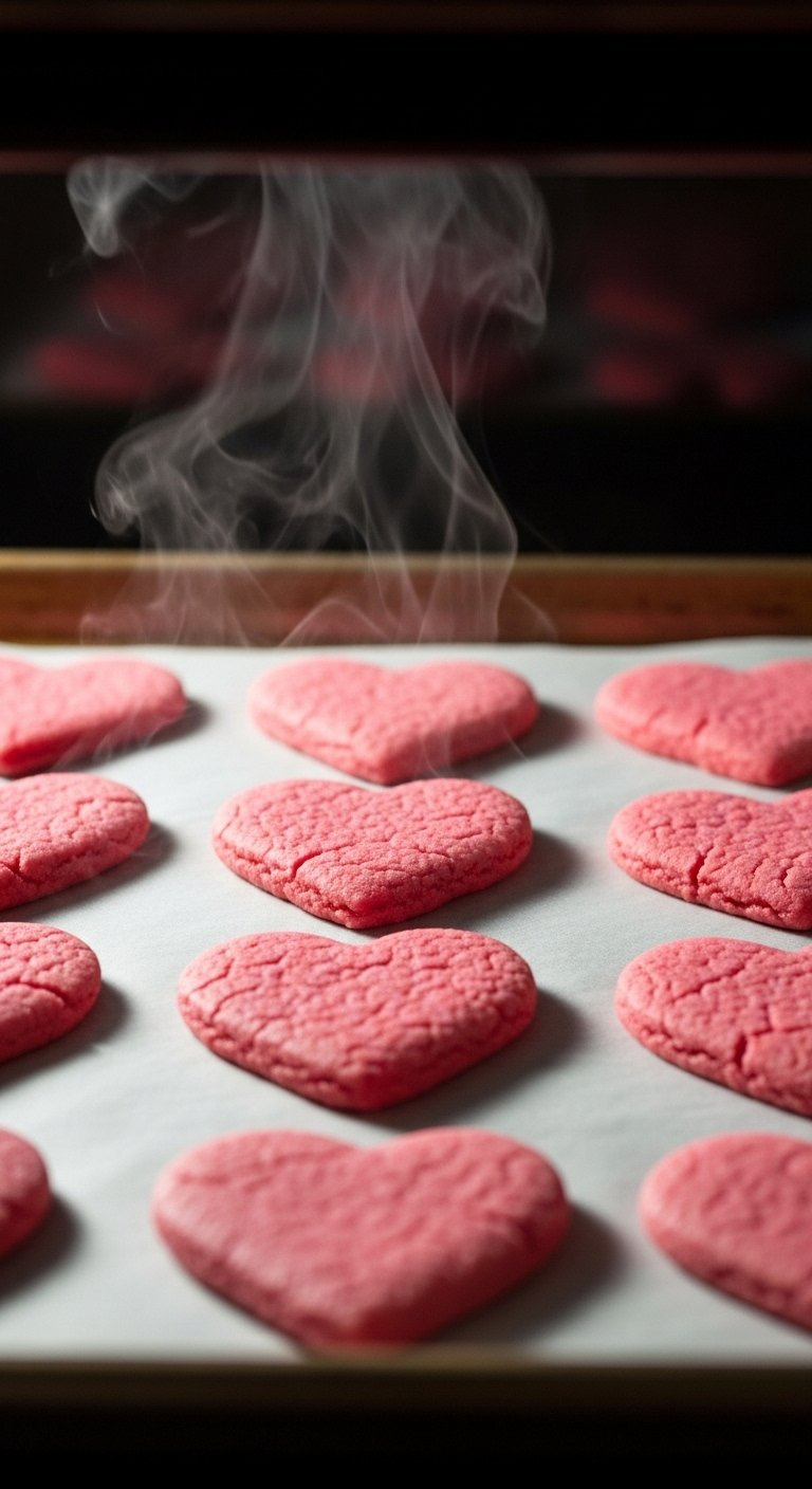 45-Degree Angle Shot Of Freshly Baked Pink Heart-Shaped Cookies On A Baking Sheet With Subtle Steam Rising.