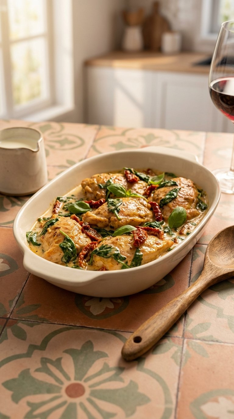 45-Degree Angle View Of Tuscan Baked Chicken With Spinach And Sundried Tomatoes In White Ceramic Dish
