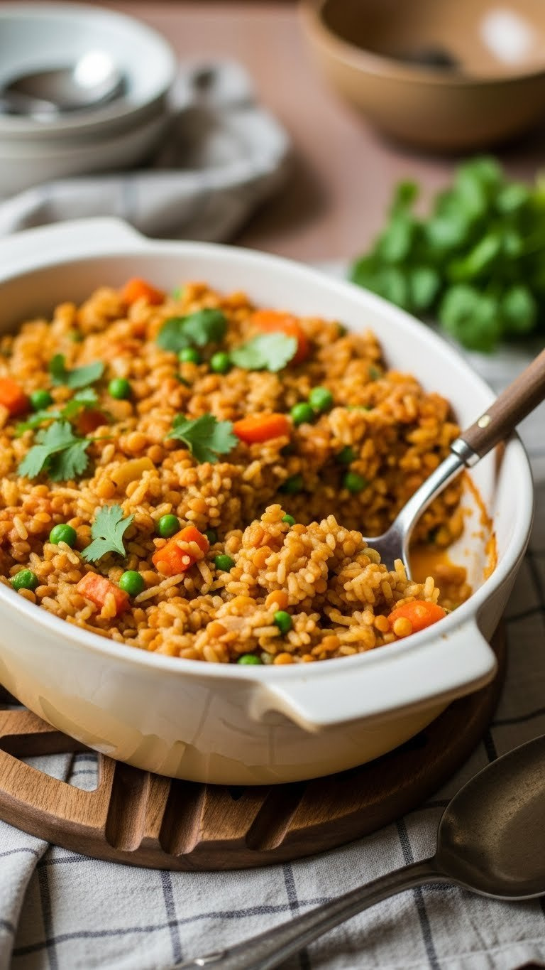 45-Degree Close-Up Of Comforting Dump And Bake Red Lentil Rice Casserole Bubbling In Rustic Baking Dish