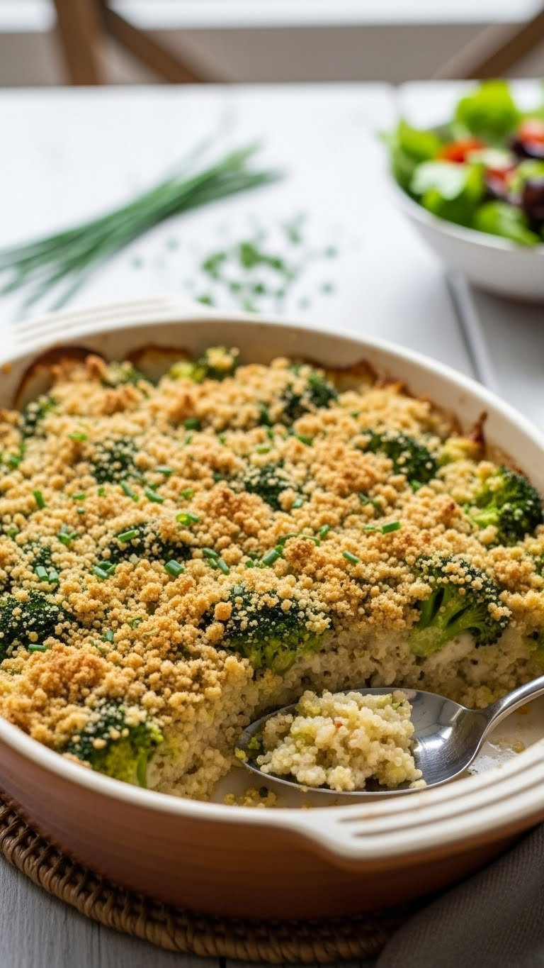 45-Degree Close-Up Of Creamy Broccoli Quinoa Bake With Golden-Brown Topping In Oval Ceramic Dish