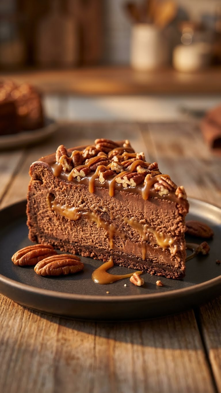 45-Degree Close-Up Of Luscious Caramel Turtle Cheesecake With Chocolate, Caramel Swirl, And Crunchy Pecans On A Dark Stoneware Plate.