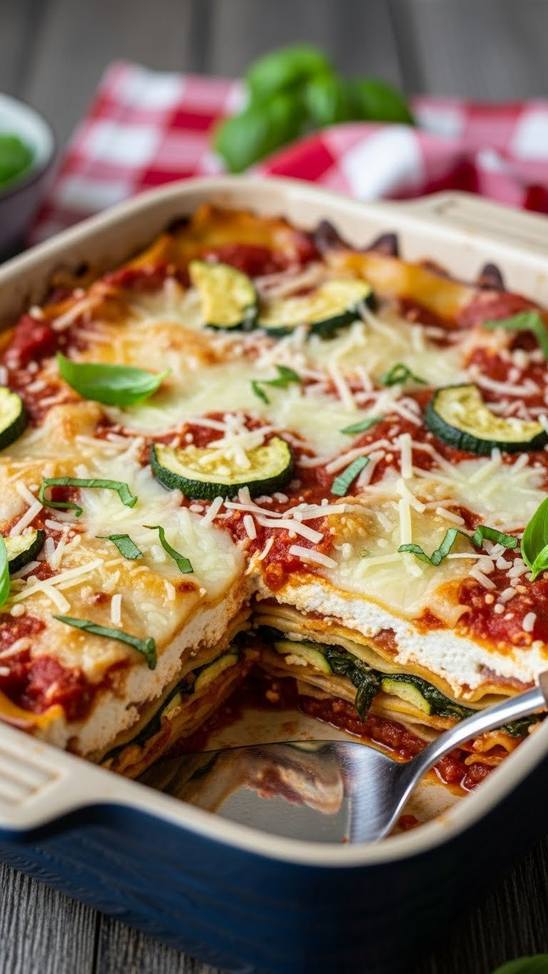 45-Degree Close-Up Of No-Boil Hearty Vegetable Lasagna With Layered Noodles And Melted Cheese