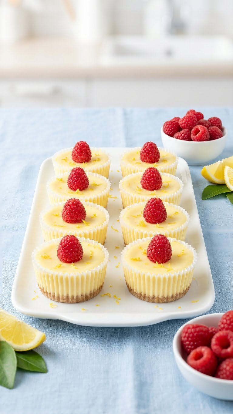 45-Degree Close-Up Of Vibrant Lemon Raspberry Mini Cheesecakes With Creamy Lemon Filling, Fresh Raspberries, And Lemon Zest On A White Platter.