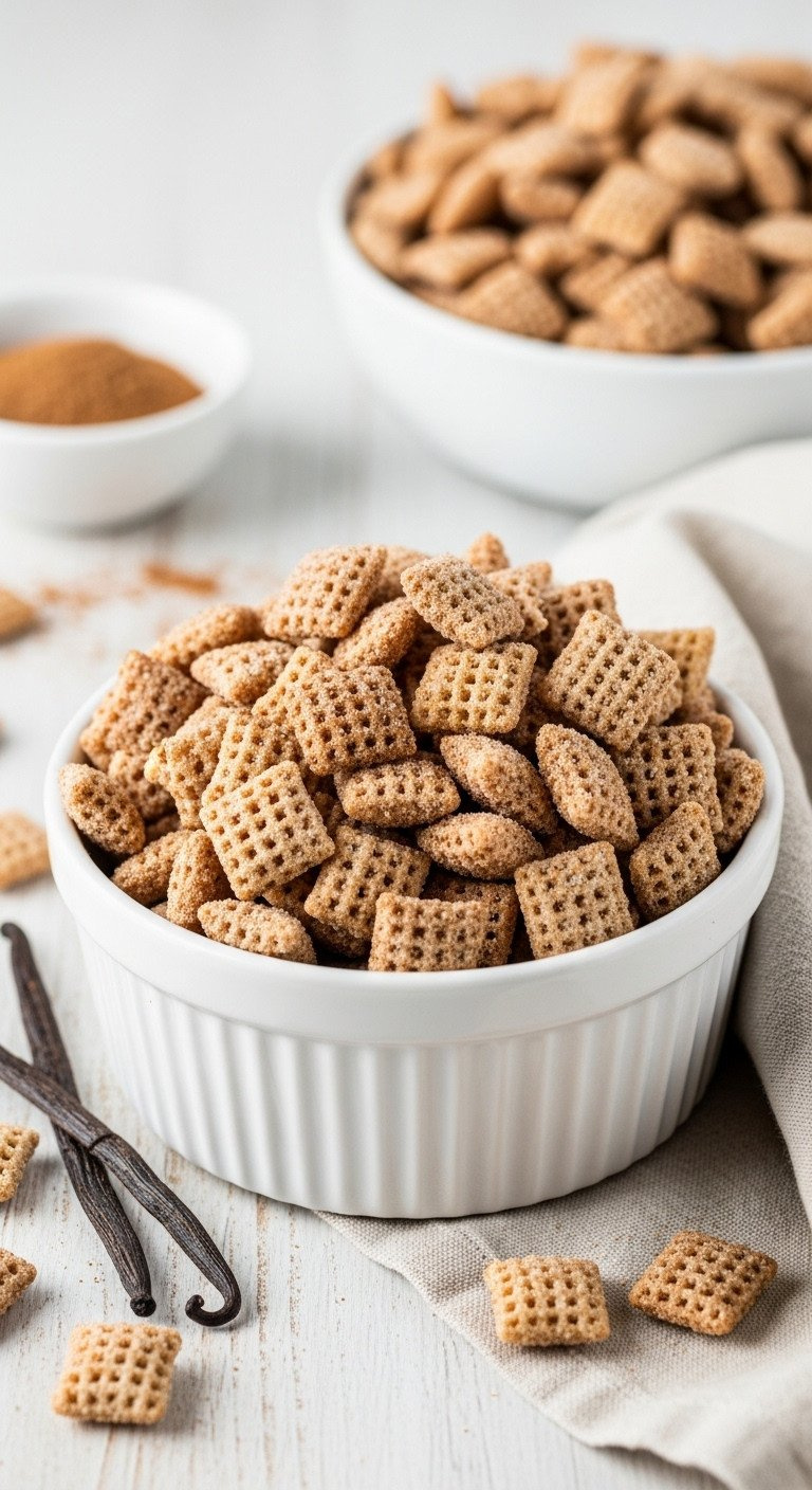 45-Degree Gluten-Free Cinnamon Sugar Chex Mix, Crystallized Coating, Vanilla Bean In White Bowl. Fresh Sweet Snack.