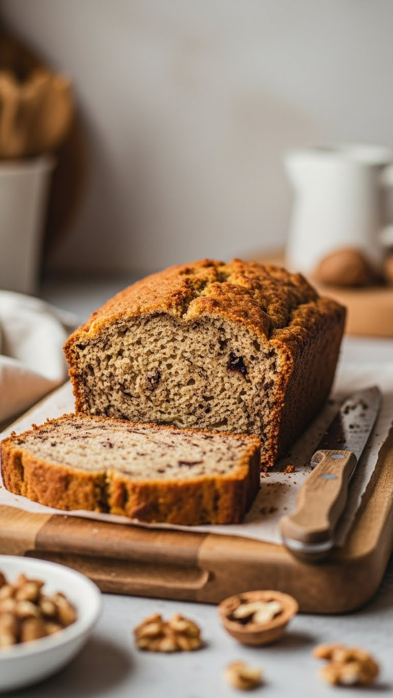 45-Degree Shot Of Moist Gluten-Free Quick Bread Slice, Upright On Wood Board, Knife And Walnuts, Rustic Kitchen, Natural Light.