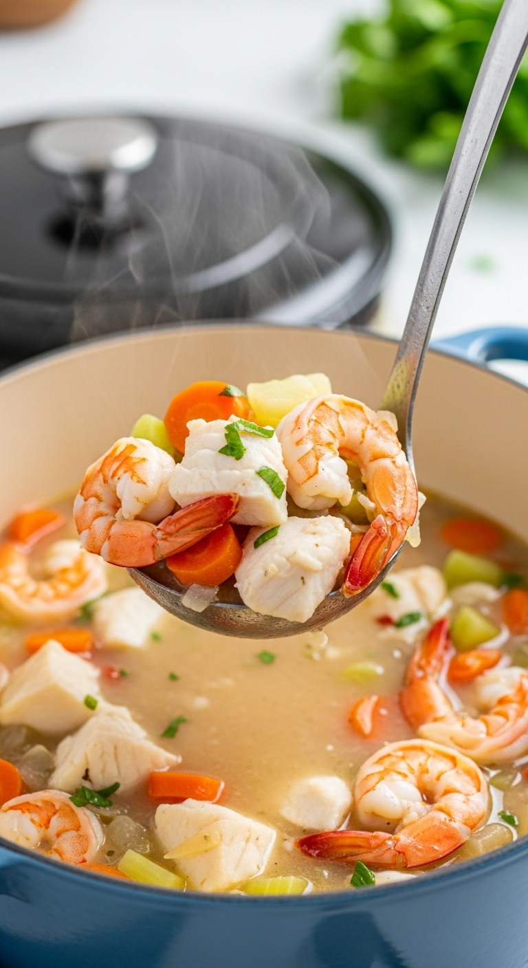 Hearty Seafood Chowder With Shrimp, Flaky Fish, And Vegetables Being Ladled From A Dutch Oven In A Bright, Modern Kitchen With Soft, Inviting Lighting.