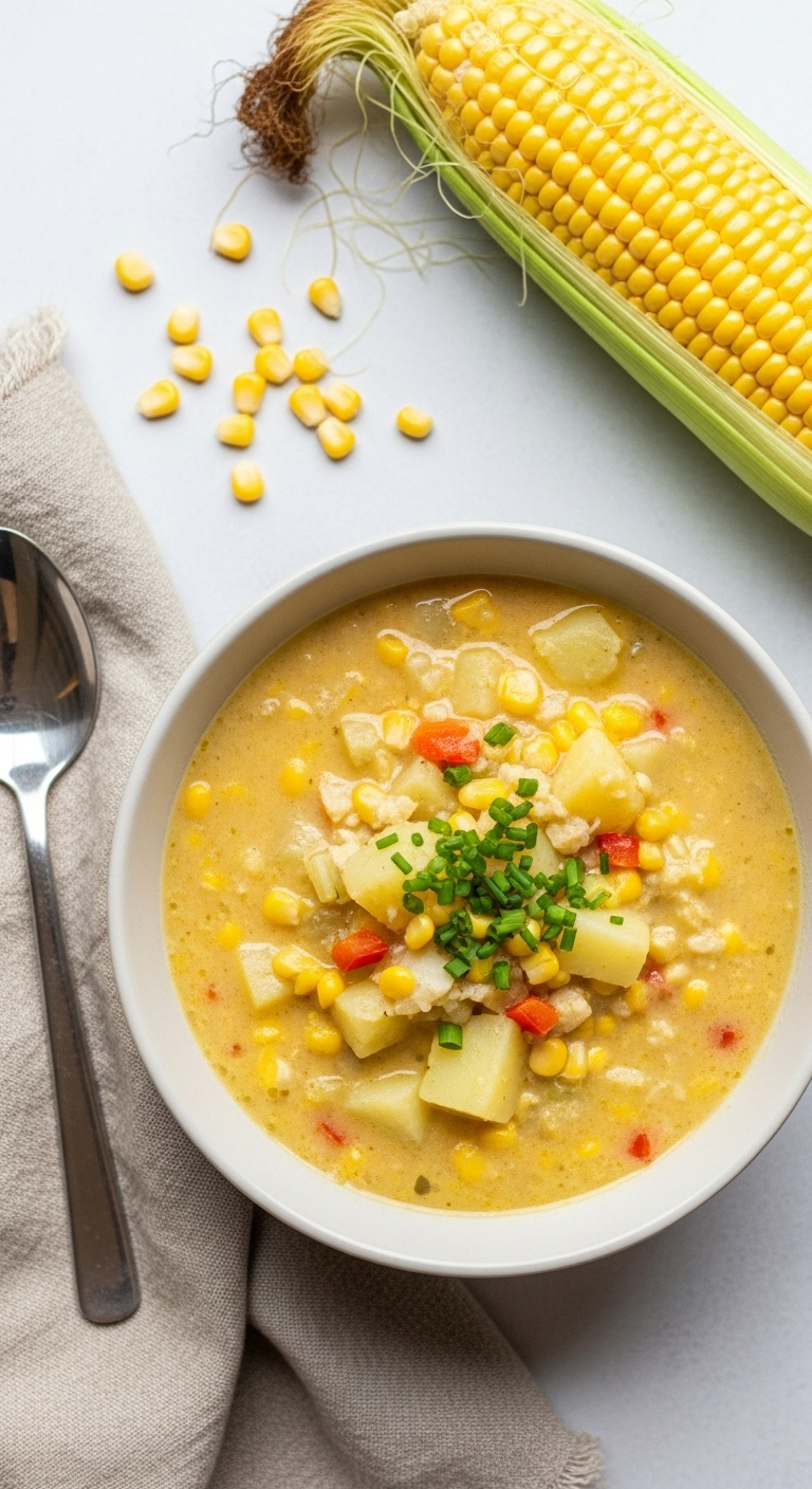 Top-Down View Of Creamy Potato Corn Chowder Garnished With Chives, Accompanied By A Rustic Napkin And Fresh Ear Of Corn With Kernels, In Bright, Natural Light.