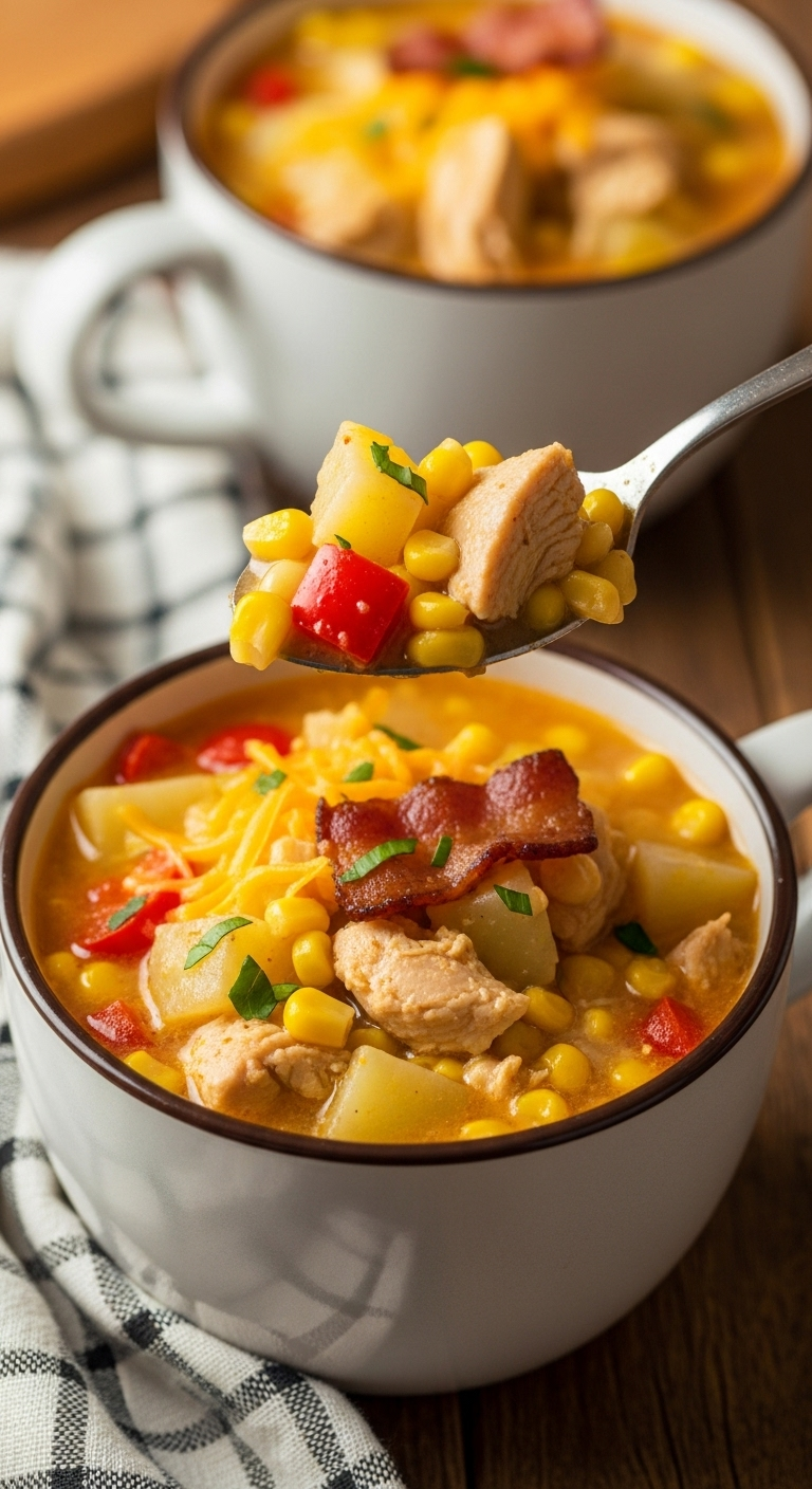Spoonful Of Creamy Chicken Corn Chowder With Cheddar Cheese And Crispy Bacon Lifted From A Cozy Mug Bowl, Set Beside A Checkered Napkin In Warm, Comforting Golden Light.