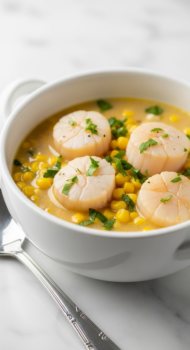 Elegant Scallop Chowder With Bay Scallops And Corn Kernels Garnished With Microgreens In A White Porcelain Bowl, Set On A Marble Countertop With A Silver Spoon Under Bright, Sophisticated Lighting.