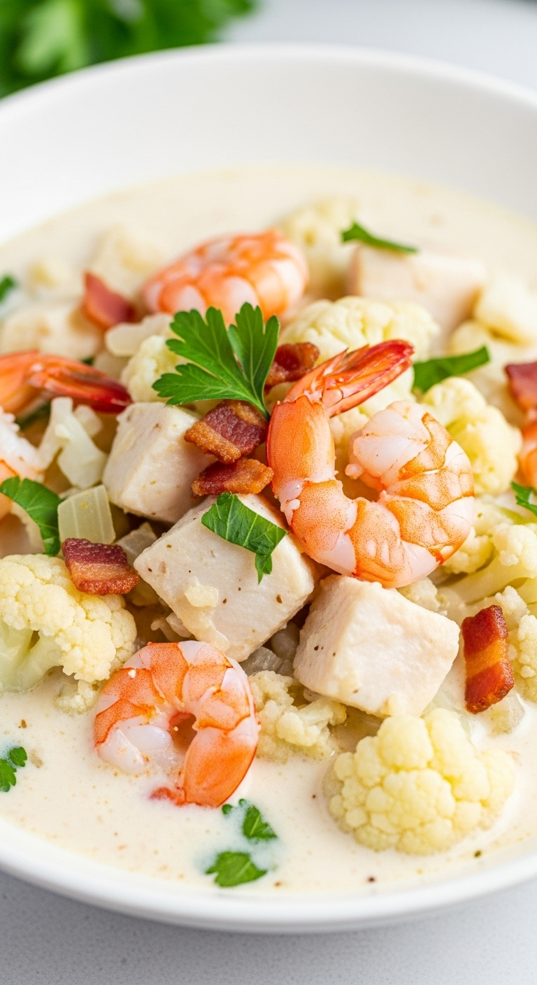 Close-Up Of Creamy Keto Seafood Chowder With Shrimp, White Fish, Cauliflower, Fresh Parsley, And Crispy Bacon Bits In A Bowl On A Light Surface, Captured In Bright, Natural Lighting.