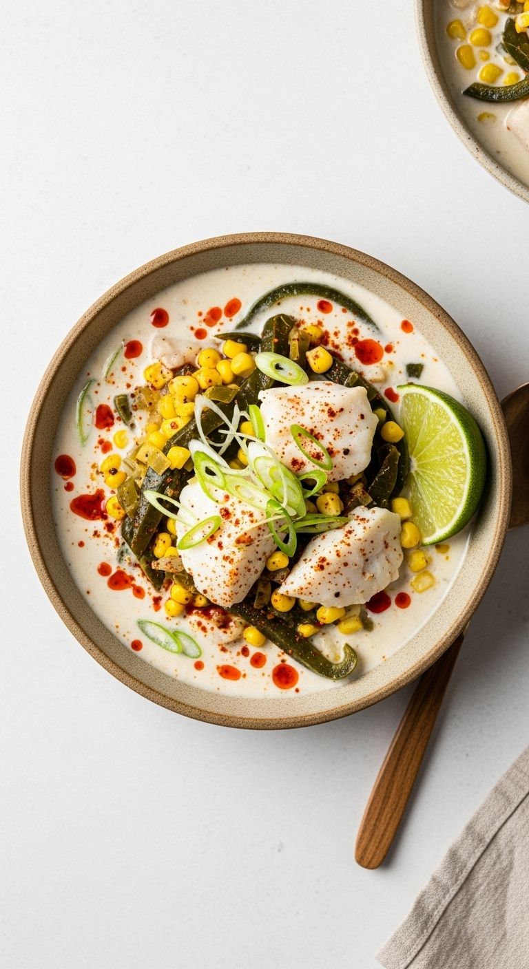 Overhead Shot Of Dairy-Free Chowder With Flaky White Fish, Corn, Poblano, And Leeks In An Earth-Toned Ceramic Bowl, Garnished With Scallions, Chili Oil, And A Lime Wedge In Warm, Modern, Diffused Lighting.