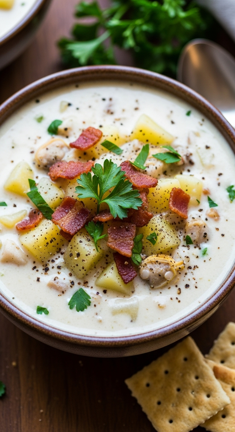 Creamy New England Clam Chowder With Chunks Of Potato And Clam, Topped With Crumbled Bacon And Parsley, Served In A Rustic Bowl With Oyster Crackers On A Dark Wood Table In Warm, Cozy Lighting.
