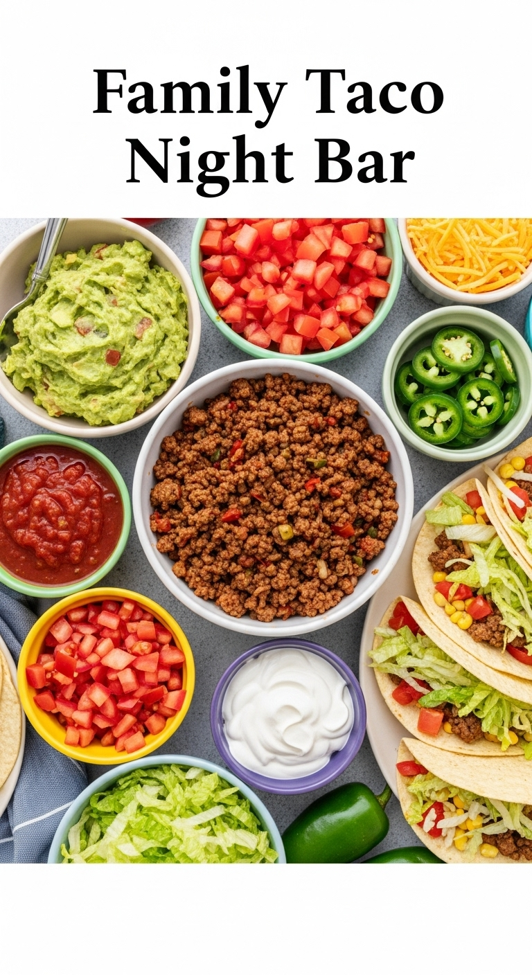 Overhead Shot Of A Build-Your-Own Taco Bar With Seasoned Ground Beef, Shredded Cheese, Diced Tomatoes, Lettuce, Sour Cream, And Jalapeños, With A Few Completed Tacos On The Side.