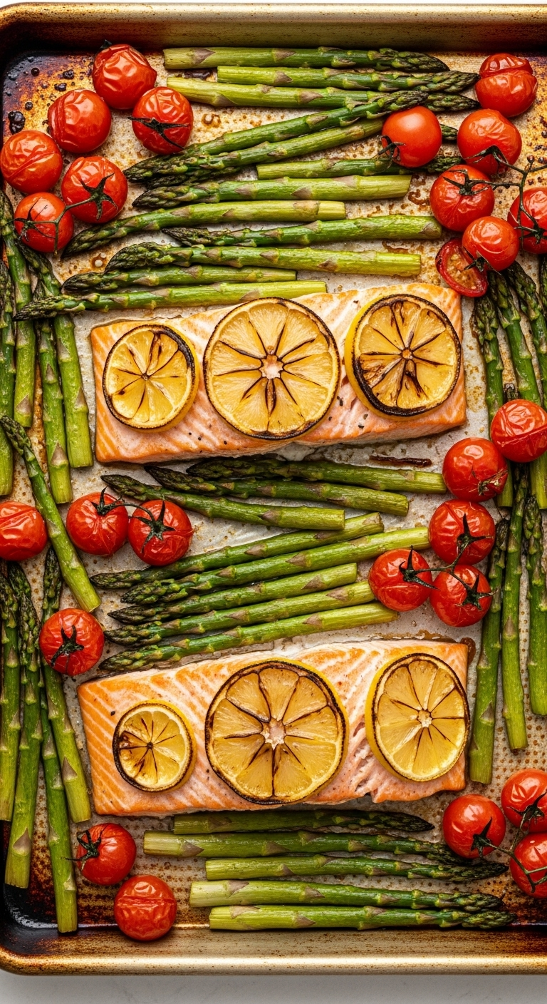 Top-Down Shot Of A Sheet Pan Dinner With Perfectly Flaky Salmon, Charred Lemon Slices, Tender Asparagus, And Blistered Cherry Tomatoes.