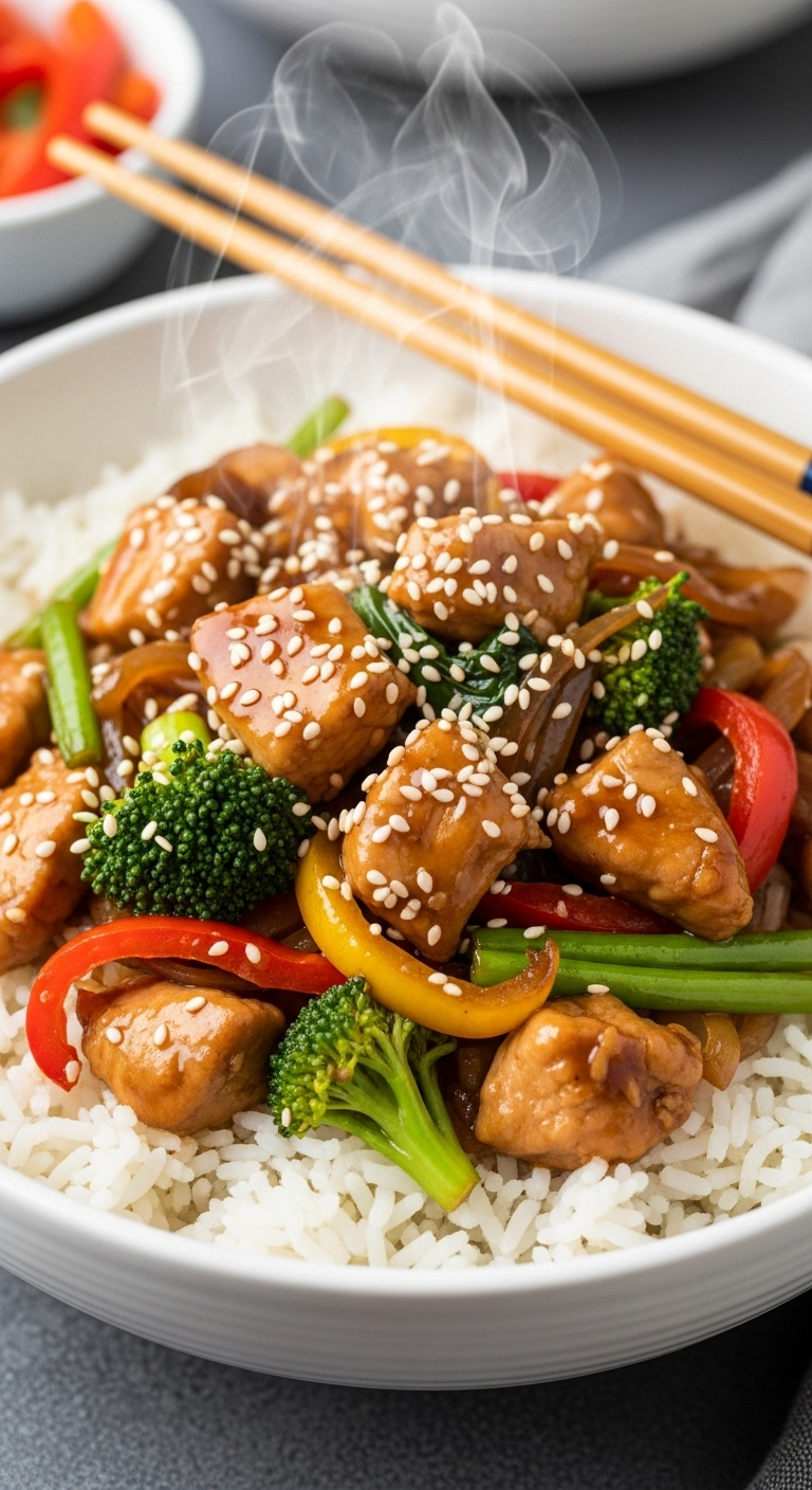 Close-Up Of A Ceramic Bowl Filled With Fluffy White Rice, Topped With Glossy Teriyaki Chicken And Vegetable Stir-Fry, Garnished With Sesame Seeds And Steam Rising, With Chopsticks Resting On The Side.