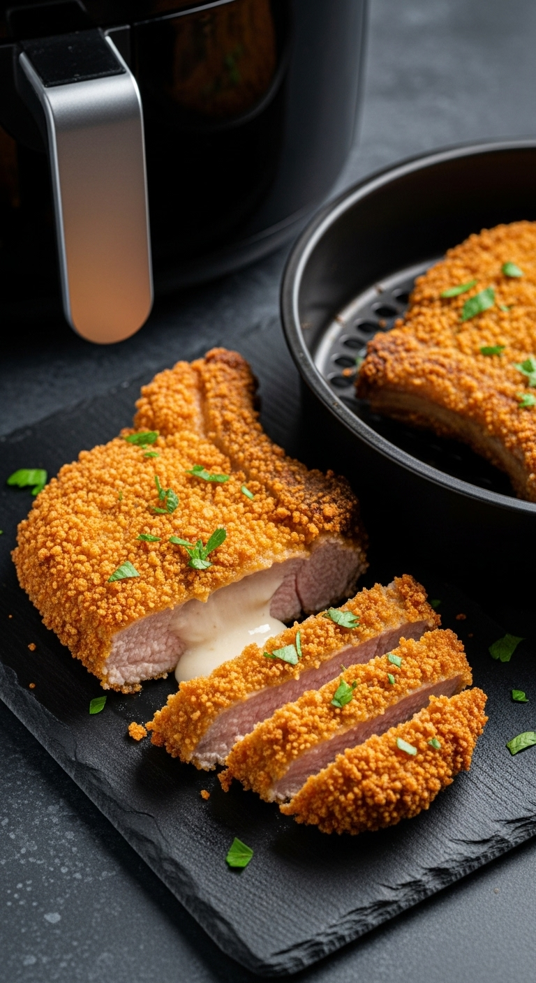 Sliced Crispy Air Fryer Pork Chop Revealing Its Juicy Interior, Placed On A Dark Slate Cutting Board Next To Another Chop In The Air Fryer Basket, Garnished With Fresh Parsley.