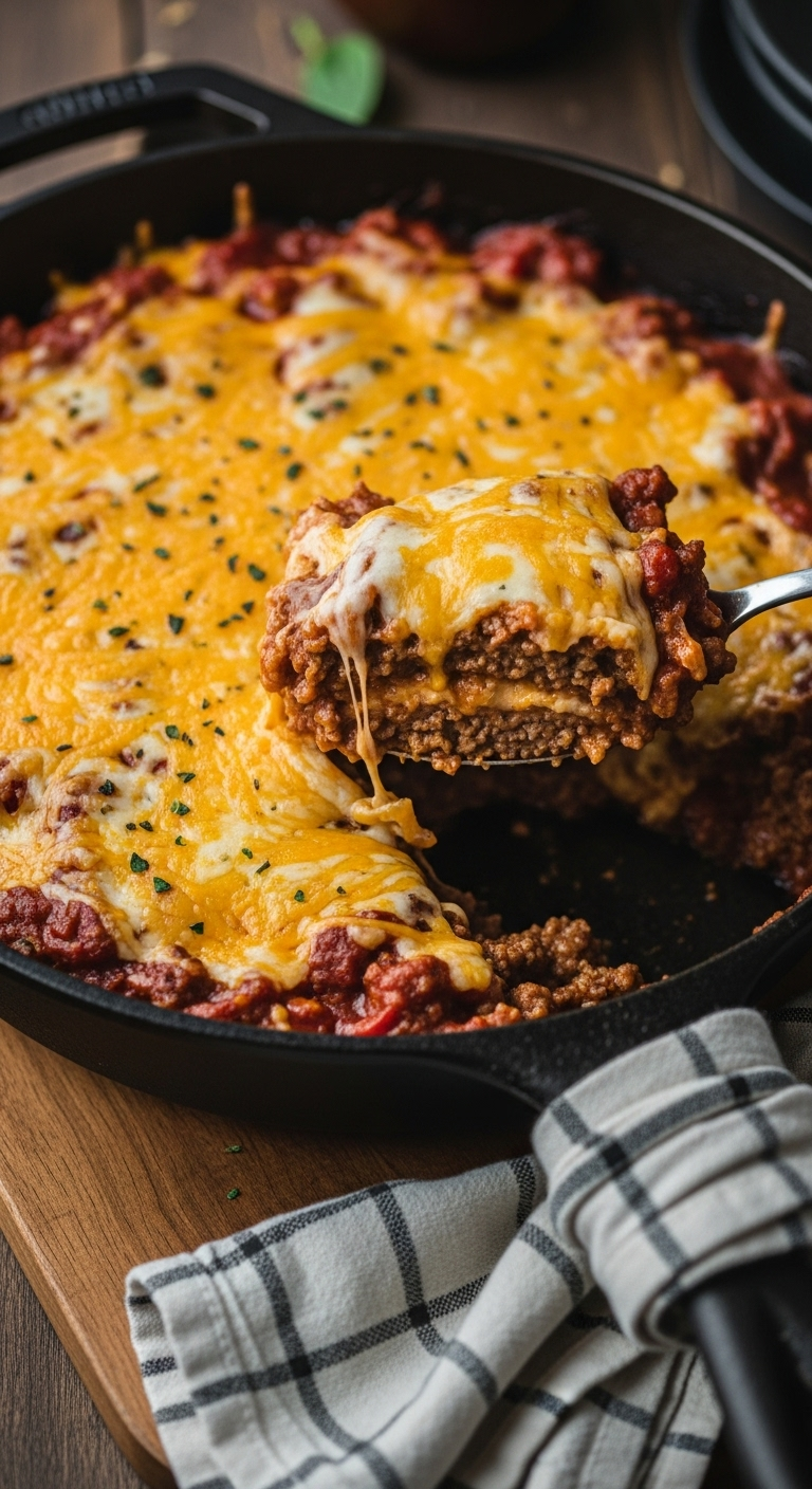 Close-Up Of A Cast-Iron Skillet Filled With Cheeseburger Casserole, With A Serving Spoon Scooping Out A Portion To Reveal Cheesy, Meaty Layers, Topped With Melted Cheddar Cheese. The Skillet Rests On A Wooden Surface With A Checkered Napkin.