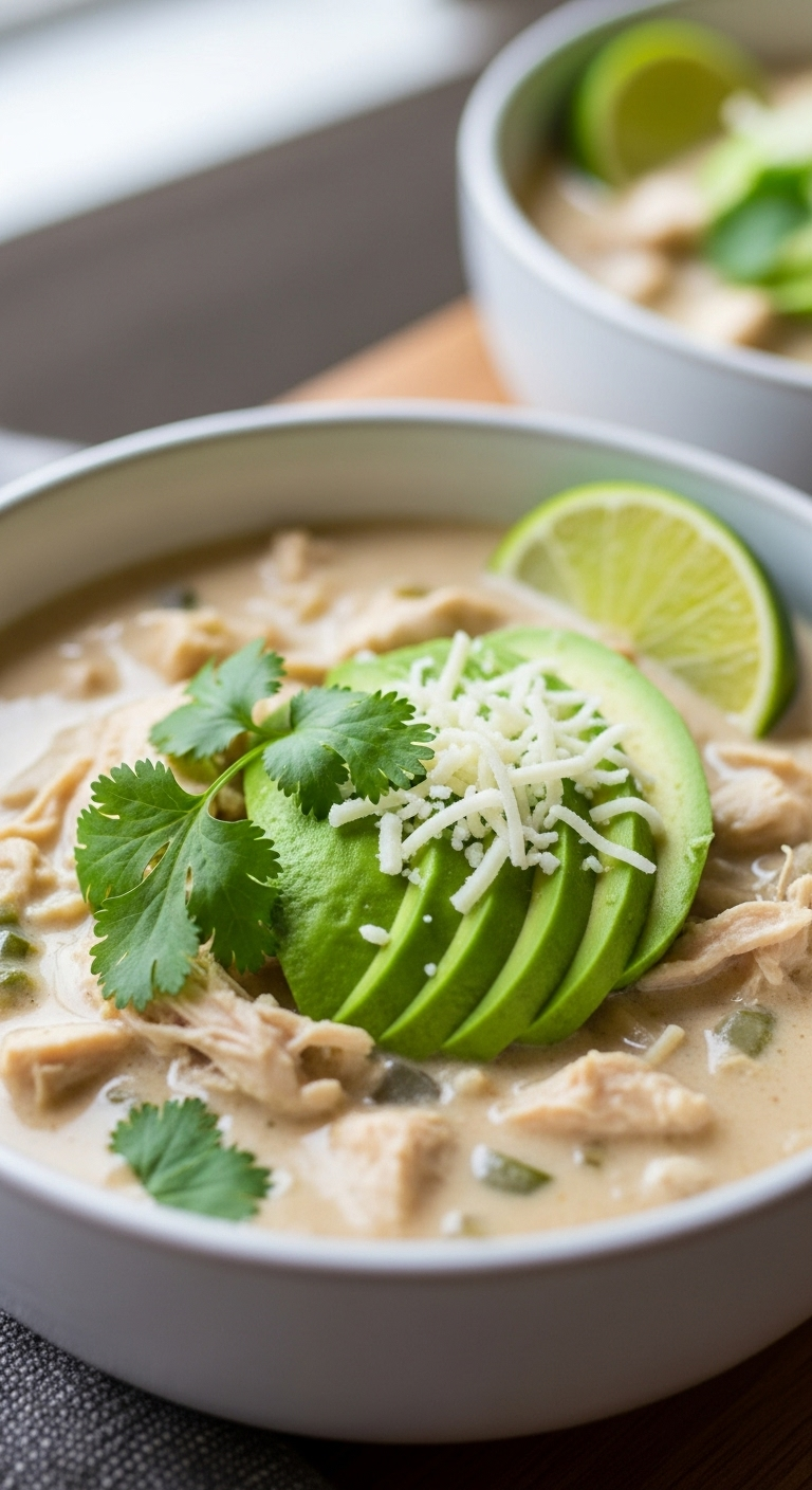 Ceramic Bowl Filled With Creamy White Chicken Chili, Garnished With Fresh Cilantro, Sliced Avocado, Shredded Monterey Jack Cheese, And A Lime Wedge, Set In A Cozy Home Setting.