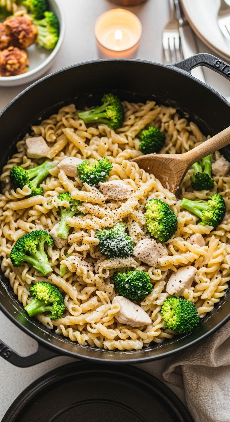 Overhead Shot Of Creamy Chicken And Broccoli Pasta In A Cast-Iron Dutch Oven, With A Wooden Spoon, Fresh Parmesan, And Black Pepper On Top.