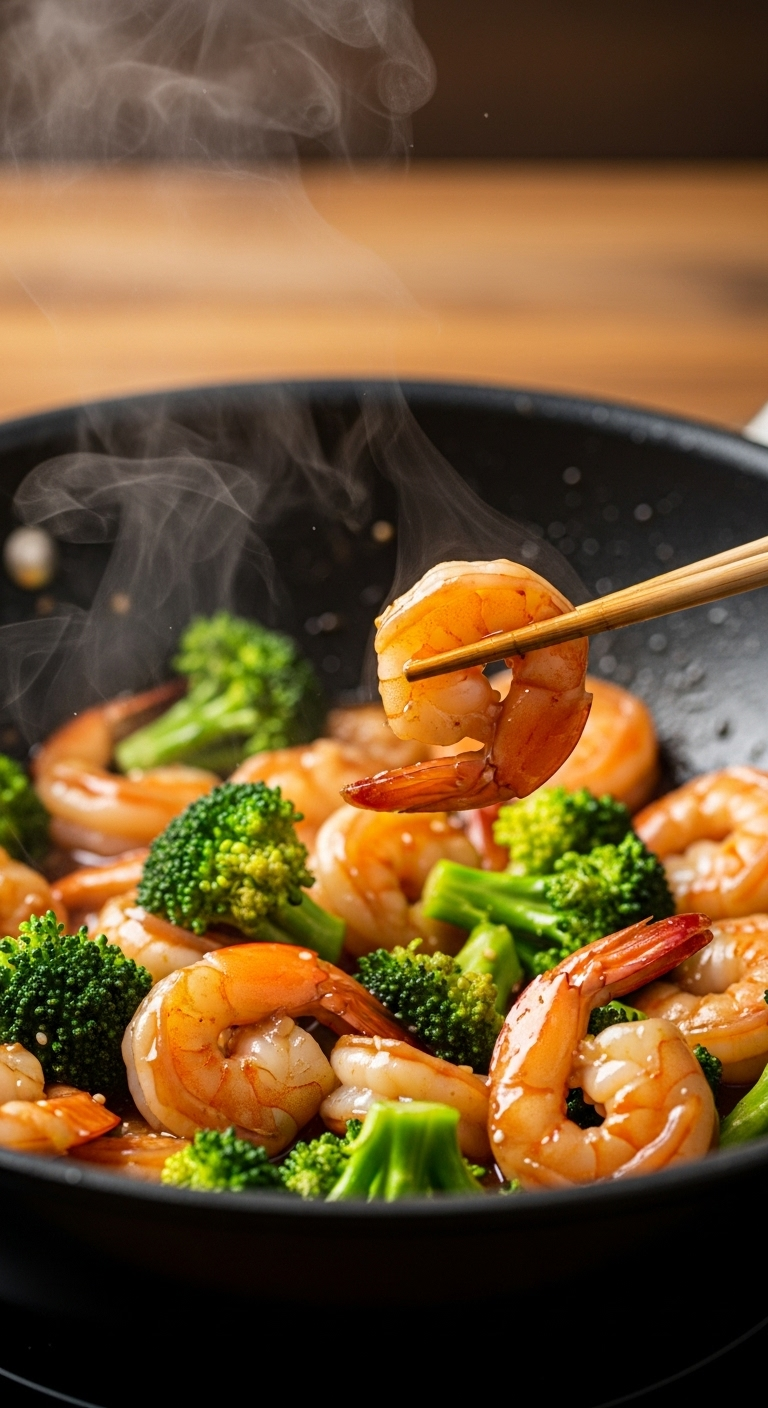 Close-Up Action Shot Of Glossy Honey Garlic Shrimp Stir-Fry With Broccoli In A Black Wok, Chopsticks Lifting A Shrimp, Steam Rising, Showcasing Rich Sauce And Vibrant Colors In Warm, Inviting Lighting.