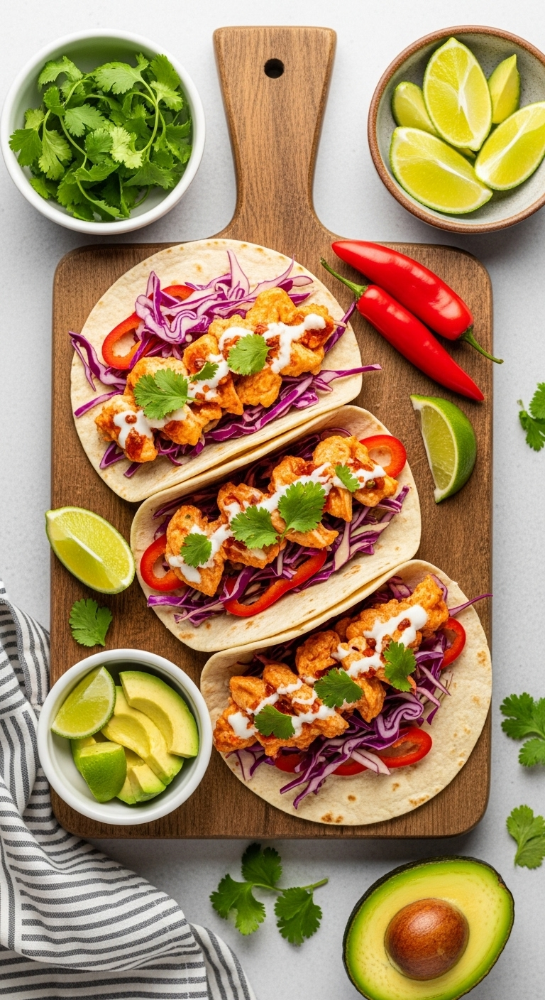 Flat-Lay Of Three Vibrant Sriracha Chicken Tacos With Colorful Slaw On A Rustic Wooden Board, Surrounded By Bowls Of Cilantro, Lime Wedges, And Avocado, In Bright, Fresh Natural Light Showcasing Festive And Appetizing Colors.