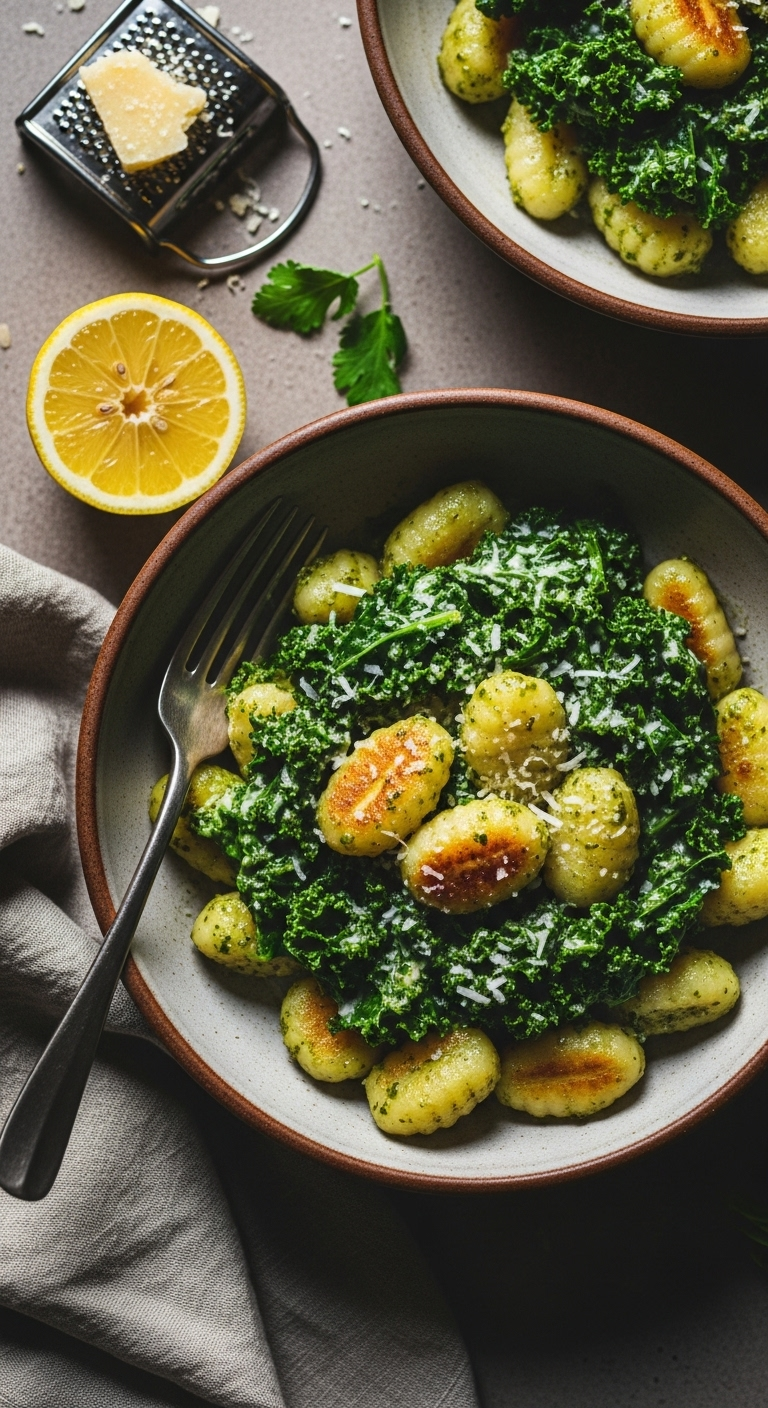 Close-Up Top-Down Of Creamy Pesto Gnocchi In An Earthy Bowl With Deep Green Kale And Golden Gnocchi, Accompanied By A Lemon Wedge And Parmesan Grater, Bathed In Cozy, Warm Rustic Light Highlighting The Vibrant, Comforting Dish.