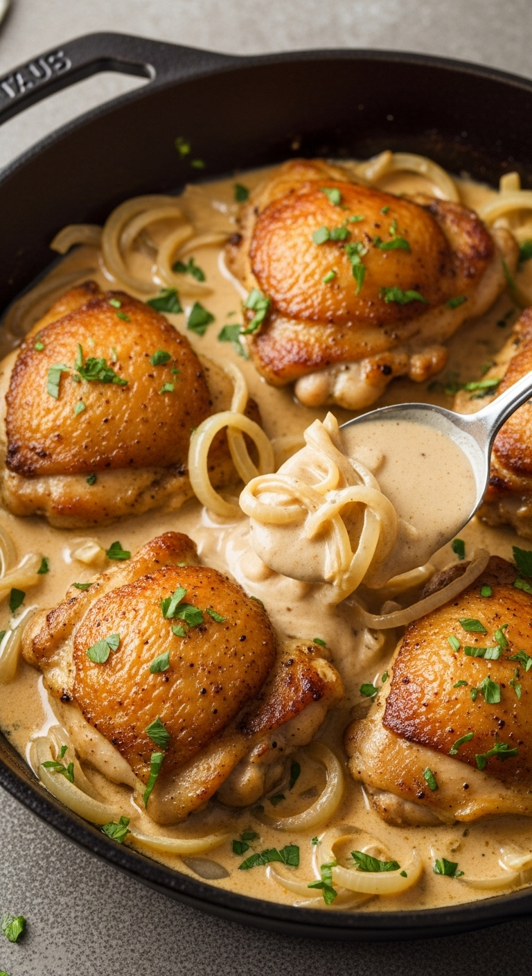 Close-Up Of Golden-Brown Chicken Thighs In Creamy Garlic Dijon Sauce With Tender Onions And Parsley Garnish In A Dark Cast-Iron Skillet, Highlighting The Glossy, Hearty Texture Perfect For A Warm, Rustic Dinner.