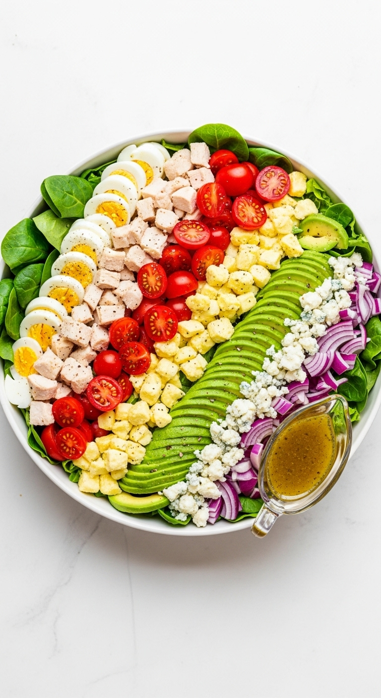 Top-Down View Of A Vibrant Cobb Salad With Neatly Arranged Rows Of Lettuce, Chicken, Egg, Tomatoes, Avocado, And Blue Cheese In A White Bowl, Accompanied By A Glass Cruet Of Vinaigrette, Showcasing A Fresh And Colorful Healthy Meal.