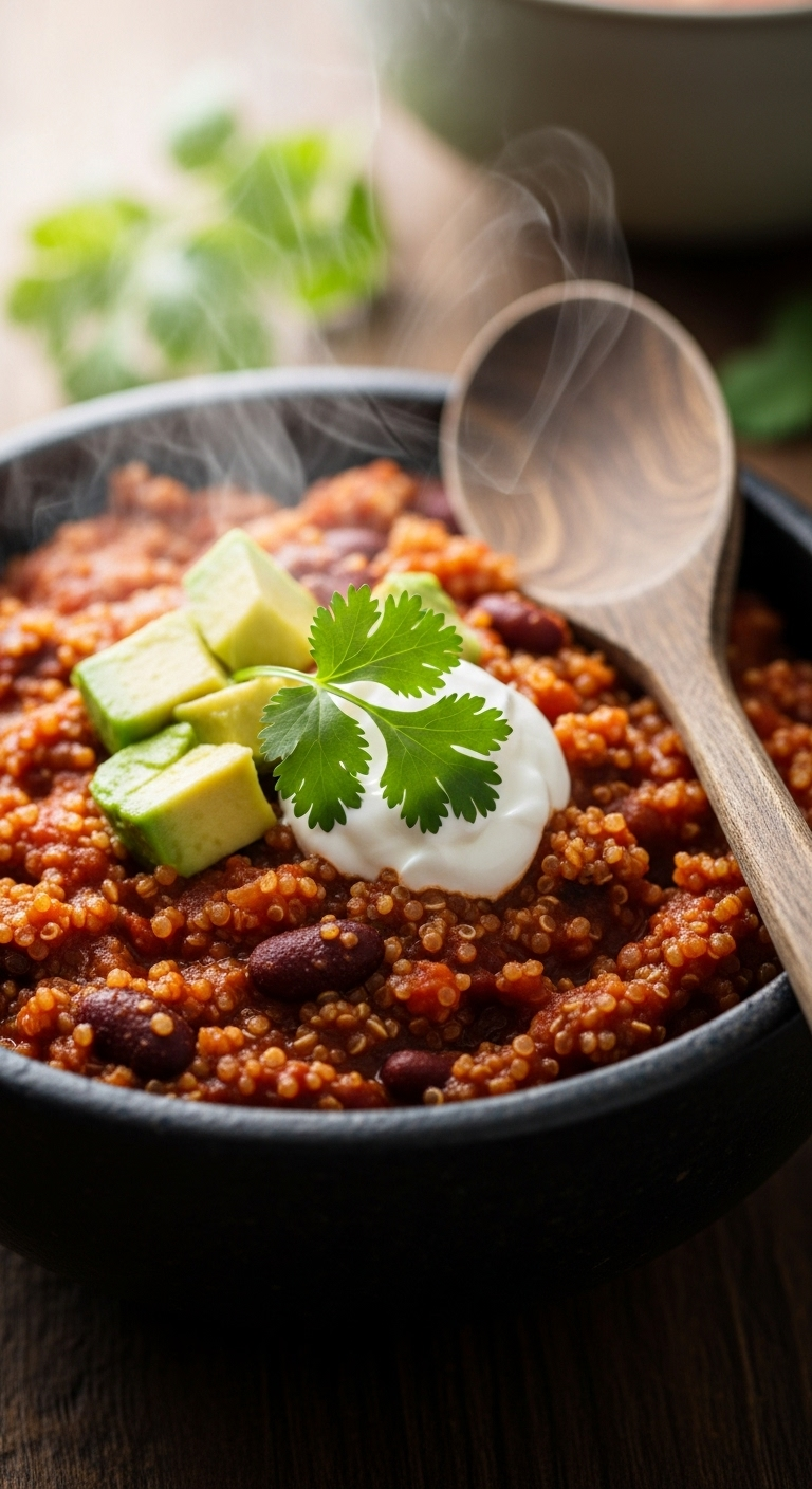 Close-Up Of A Steaming Bowl Of Thick Quinoa Chili Topped With Melting Sour Cream And Fresh Cilantro, Showcasing Rich Reds And Browns With Vibrant Green Garnish In A Rustic Stoneware Bowl Alongside A Wooden Spoon.