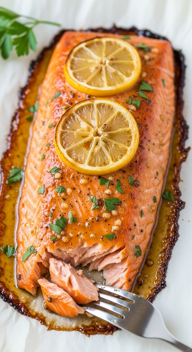 Close-Up Of A Glazed Honey Garlic Salmon Fillet With Caramelized Edges, Roasted Lemon Slices, And Fresh Parsley, Showing Moist, Flaky Texture Under Bright, Clean Light On Parchment Paper.