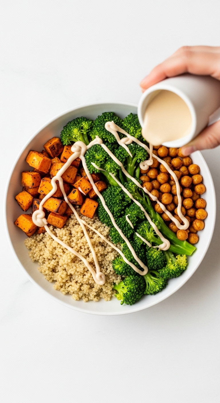 Top-Down View Of A Vibrant Hot Honey Chickpea Bowl With Roasted Sweet Potatoes, Broccoli, Quinoa, And Chickpeas, Drizzled With Creamy Tahini Sauce In A White Bowl Under Bright, Even Lighting.