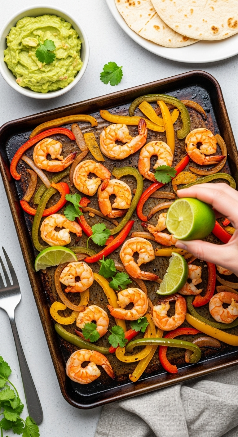 Overhead Shot Of Sizzling Shrimp Fajitas With Vibrant Bell Peppers On A Dark Sheet Pan, A Hand Squeezing Lime, Accompanied By Guacamole And Warm Tortillas, Highlighting Fresh Textures And Bright Colors In Natural Light.