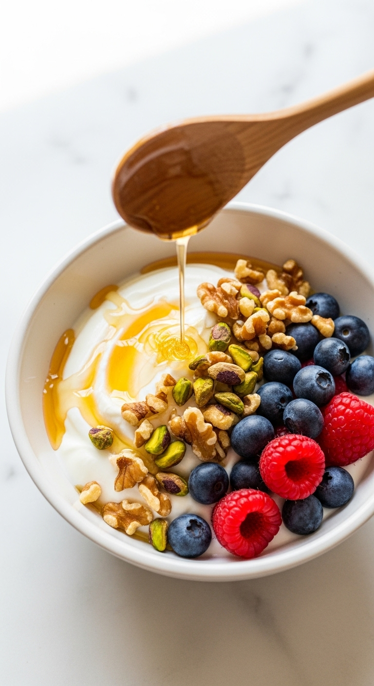 &Quot;Top-Down Shot Of Thick Greek Yogurt Topped With Honey