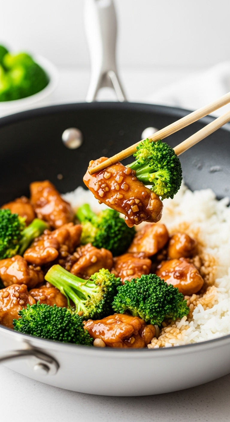 Chopsticks Lifting Sauce-Coated Chicken From A Modern Wok With Broccoli And Rice, Showcasing Glossy Sauce And Vibrant Green Broccoli.