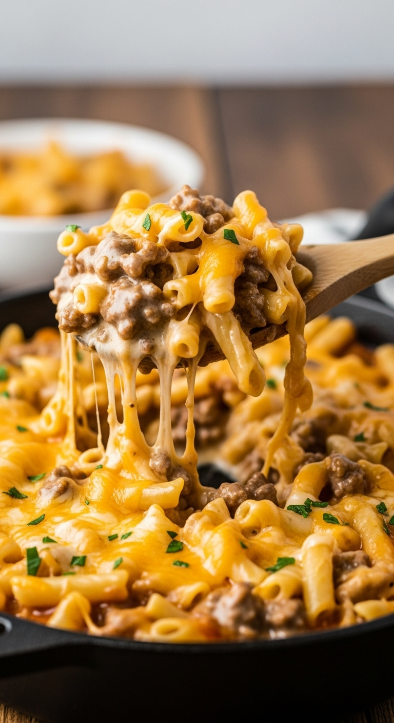 Close-Up Of Creamy, Cheesy Homemade Hamburger Helper In A Cast Iron Skillet, With A Wooden Spoon Scooping Up A Portion, Showcasing Melted Cheese Strings.